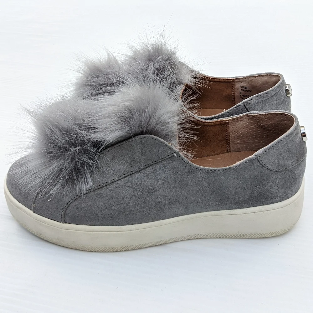 STEVE MADDEN Furbie Womens Gray Suede Puff Ball Slip-on Chunky Platform Sneakers
